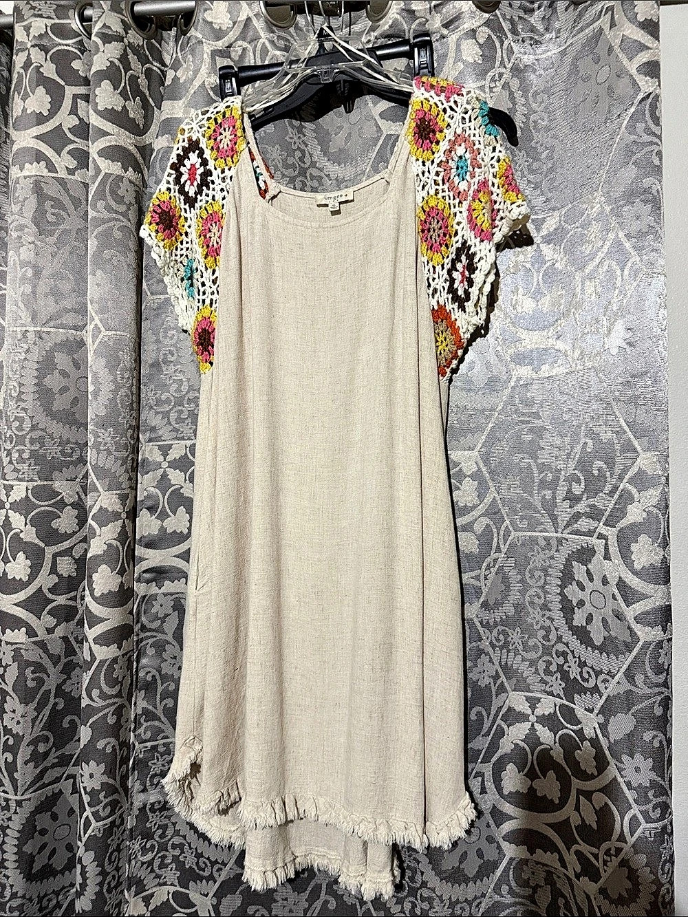 Umgee Crochet Sleeve High-Low Linen Dress Cream & Multicolor 1x